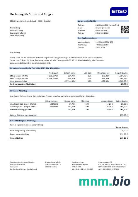 Niemcy ENSO rechnung für strom und erdgas rachunek za usługi komunalne szablon w formacie Word i PDF